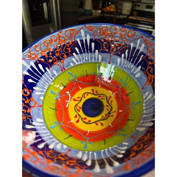 Hand-Painted Ceramic Bowl From Spain With Vibrant Blue Orange & Yellow Patterns - Picture 7 of 16